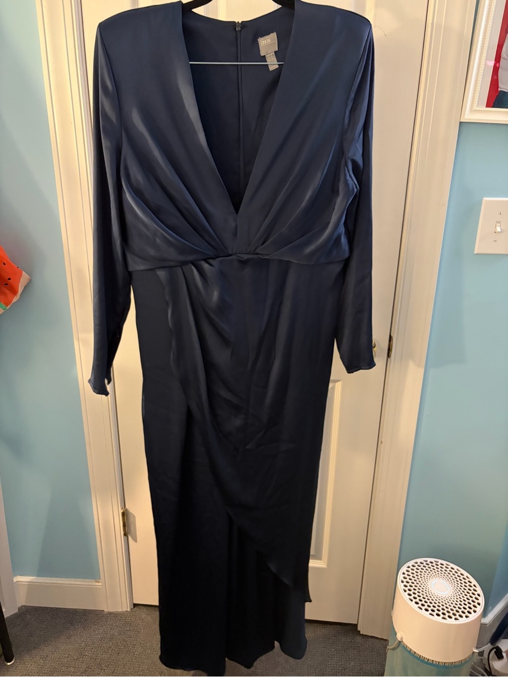 ASOS Navy Deep V Long Sleeve Satin Gown 14